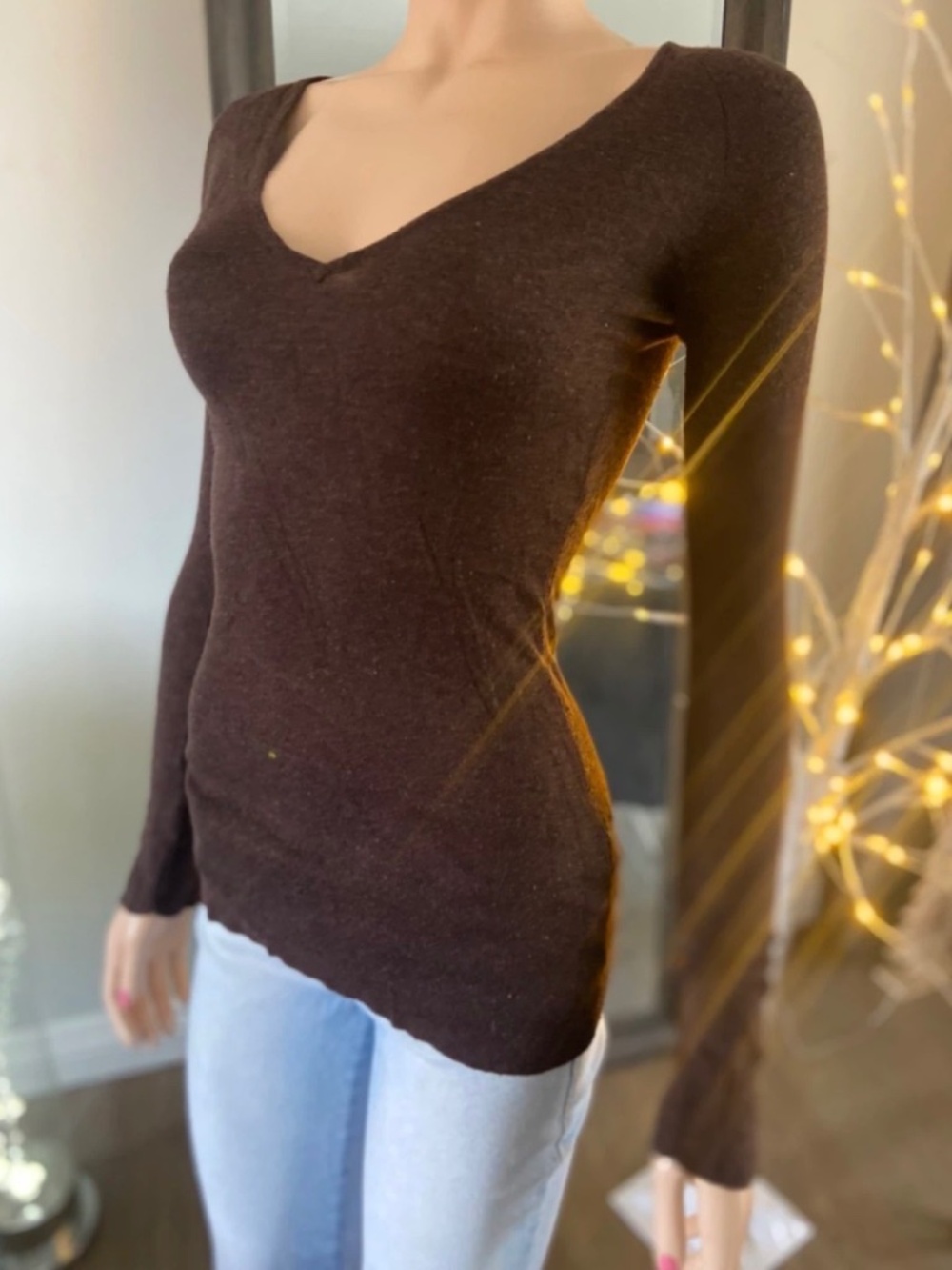 Ladies Brown Long Sleeve Deep V-Neck Sweater - Size S